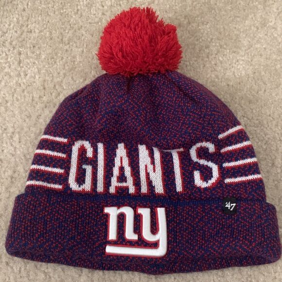 NFL 47 Brand NY Giants Knit Hat Blue White Red Puffball One Size NY Embroidered - Picture 2 of 9
